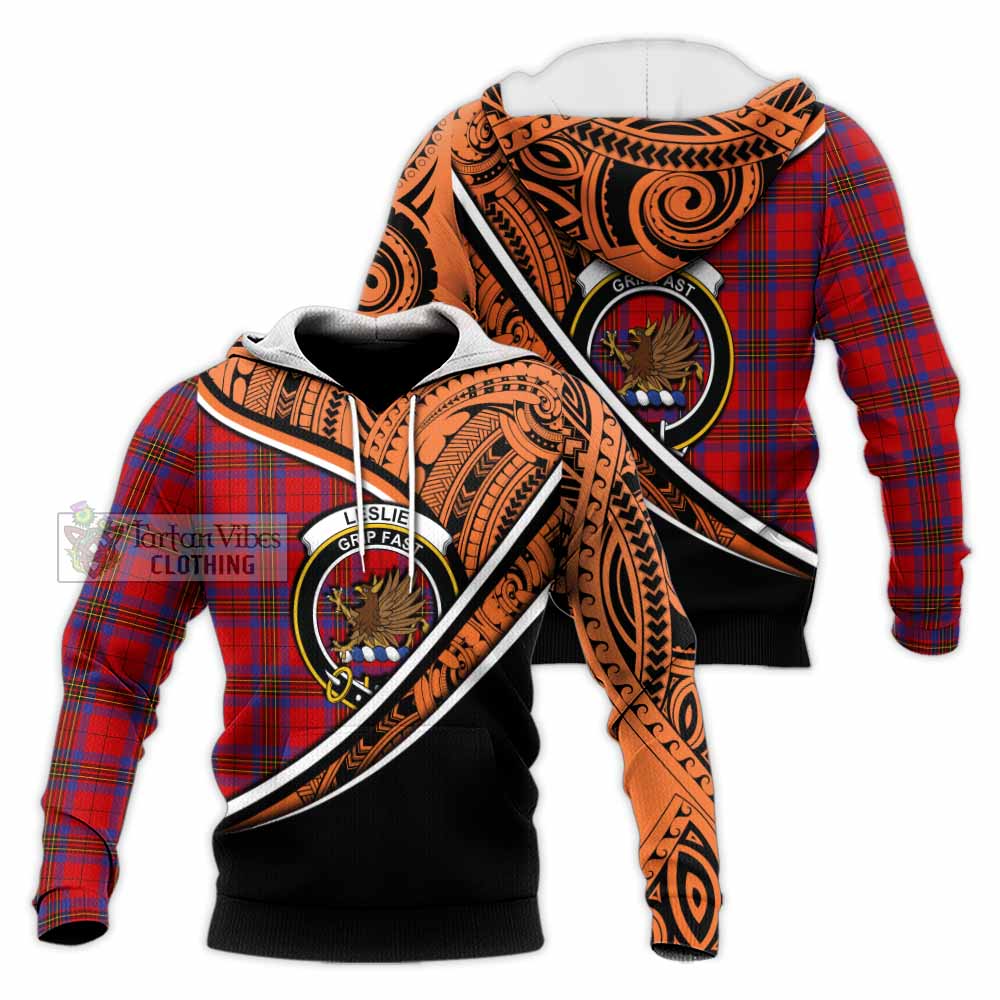 Tartan Vibes Clothing Leslie Crest Tartan Knitted Hoodie with Maori Tattoo Style - Orange Version