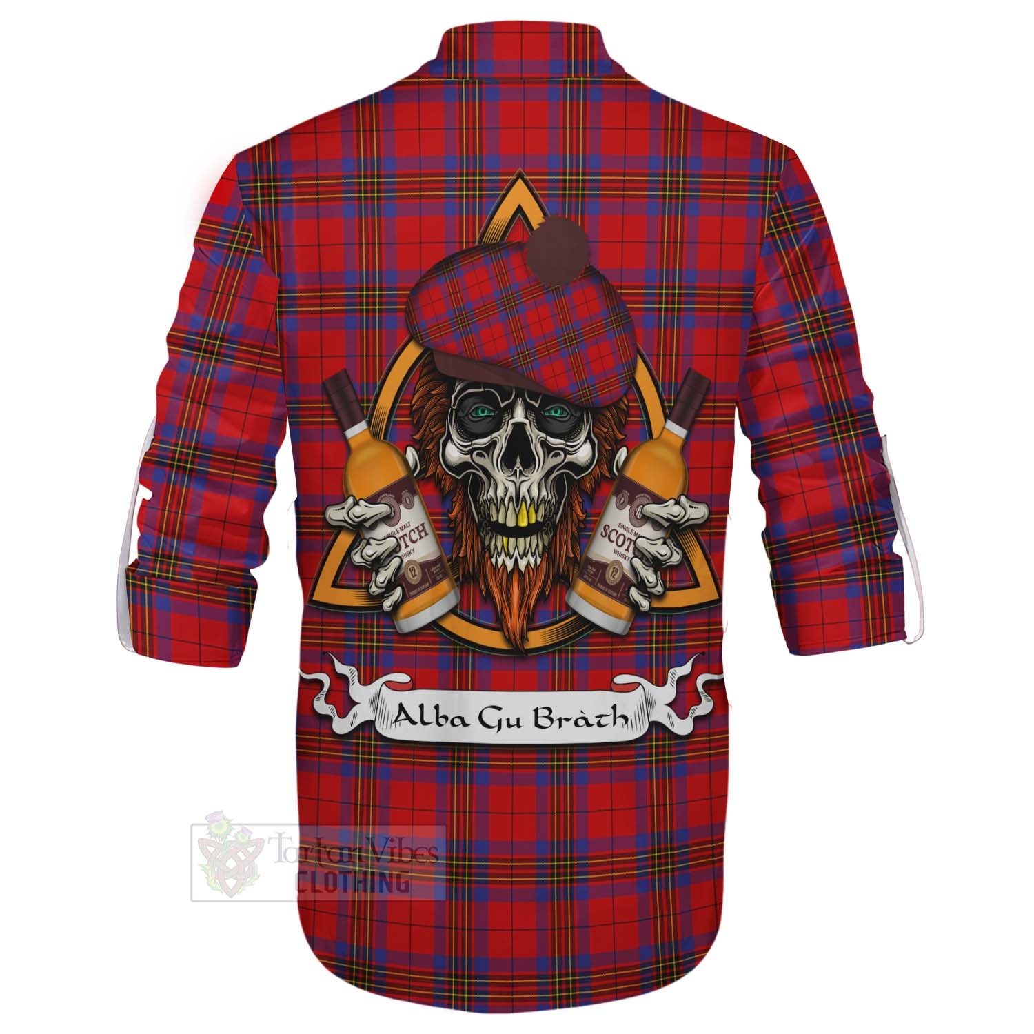 Tartan Vibes Clothing Leslie Tartan Ghillie Kilt Shirt with Family Crest and Bearded Skull Holding Bottles of Whiskey