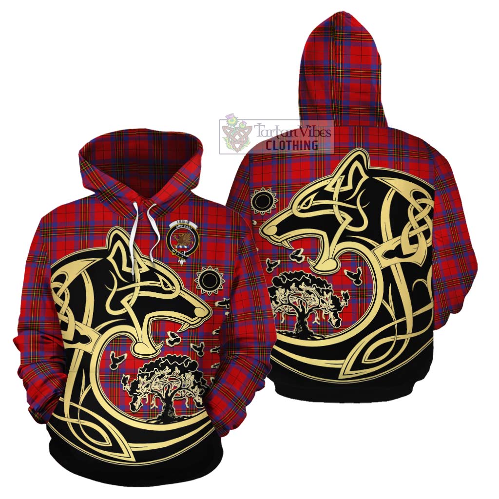 Tartan Vibes Clothing Leslie Tartan Cotton Hoodie with Family Crest Celtic Wolf Style