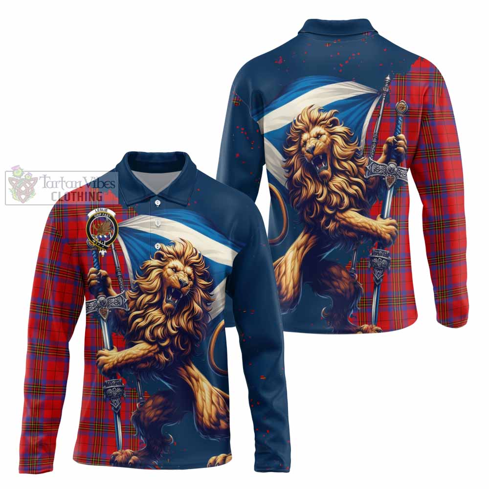 Tartan Vibes Clothing Leslie Tartan Family Crest Long Sleeve Polo Shirt with Scottish Majestic Lion