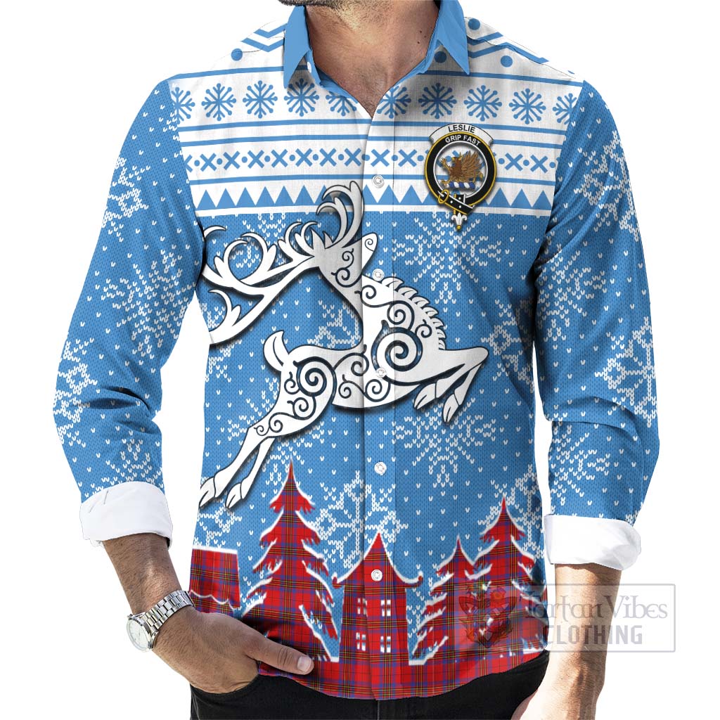 Tartan Vibes Clothing Leslie Clan Christmas Long Sleeve Button Shirt Celtic Reindeer Style