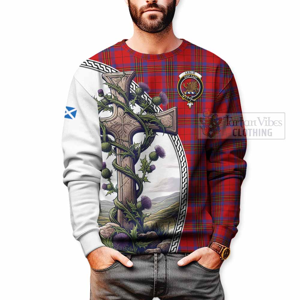 Tartan Vibes Clothing Leslie Tartan Sweatshirt with Family Crest and St. Andrew's Cross Accented by Thistle Vines