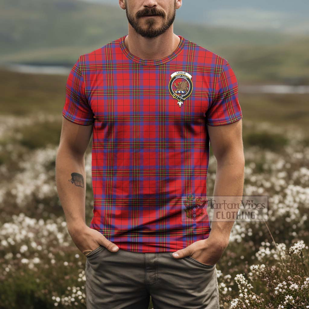 Tartan Vibes Clothing Leslie Tartan T-Shirt with Family Crest and Bearded Skull Holding Bottles of Whiskey