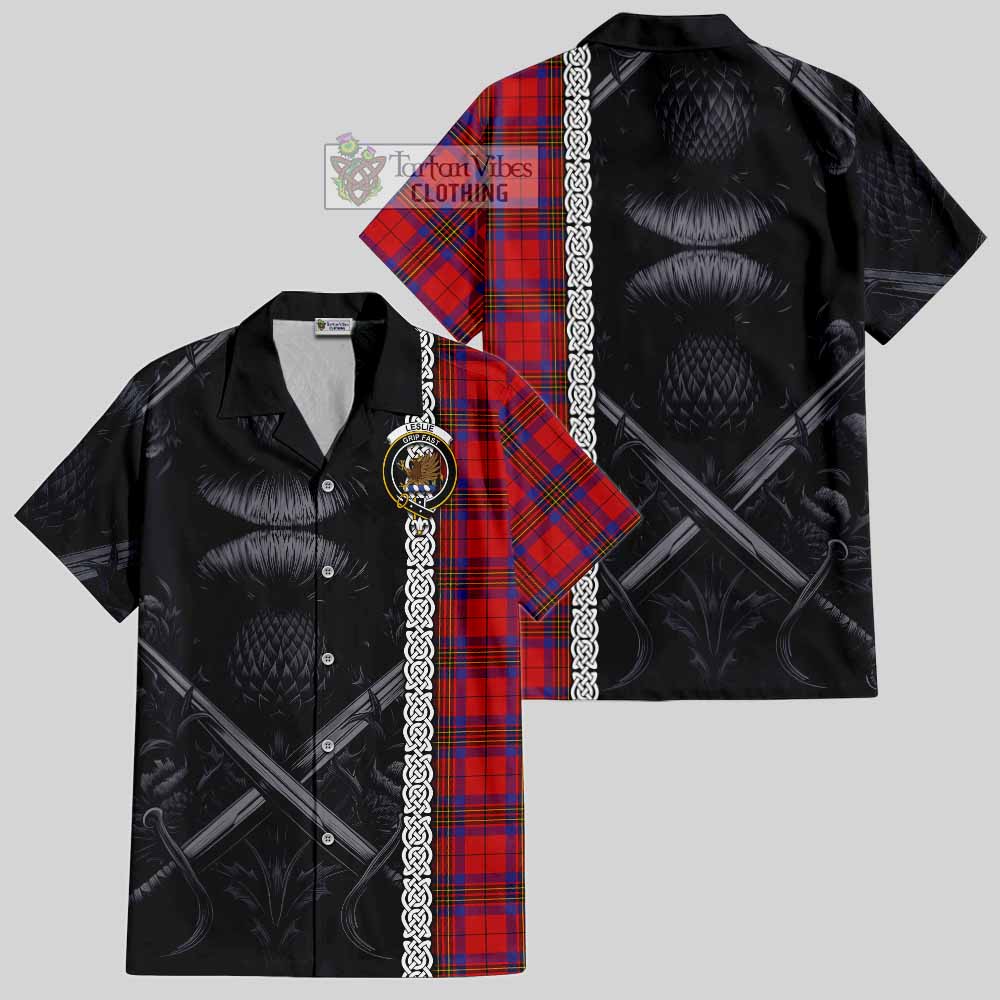 Tartan Vibes Clothing Leslie Tartan Short Sleeve Button Shirt with Family Crest Cross Sword Thistle Celtic Vibes