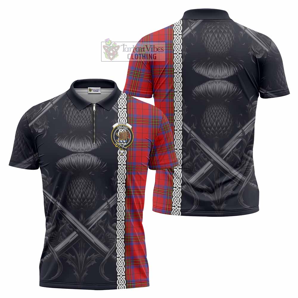 Tartan Vibes Clothing Leslie Tartan Zipper Polo Shirt with Family Crest Cross Sword Thistle Celtic Vibes