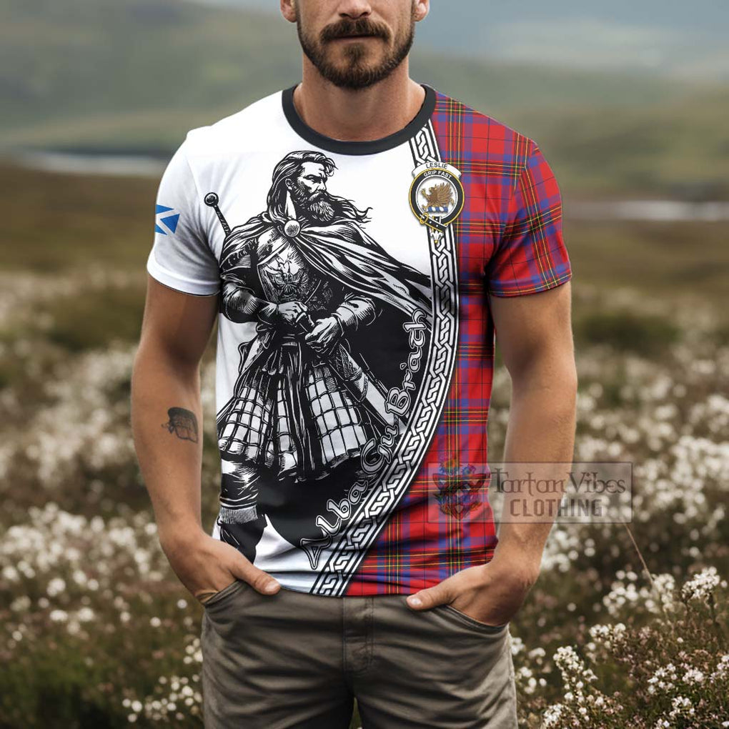 Tartan Vibes Clothing Leslie Tartan Clan Crest T-Shirt with Highlander Warrior Celtic Style