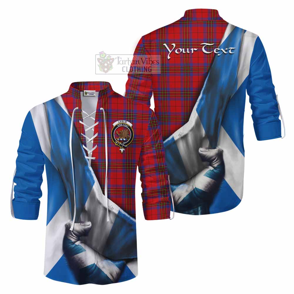 Tartan Vibes Clothing Leslie Tartan Ghillie Kilt Shirt with Family Crest Scotland Patriotic Style