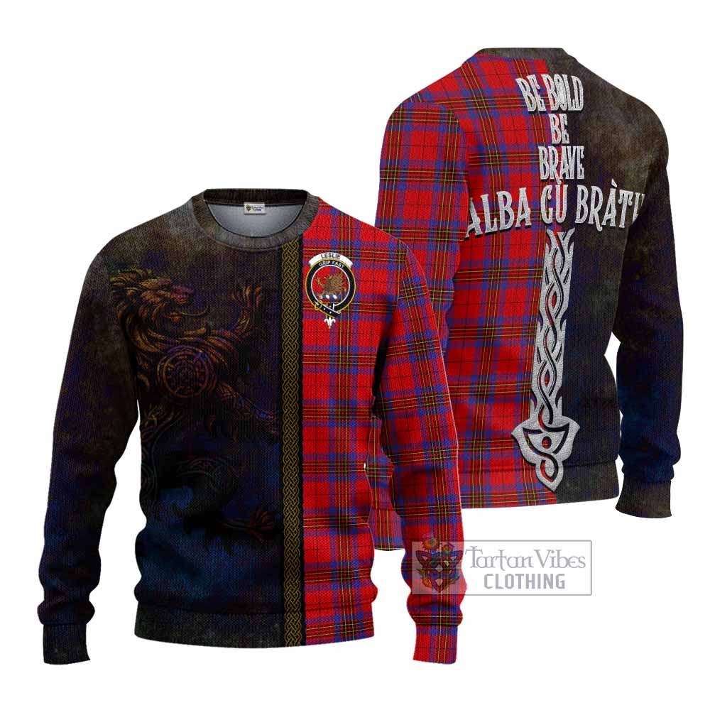Leslie Tartan Family Crest Knitted Sweater Alba Gu Brath Be Brave Lion Ancient Style - Tartan Vibes Clothing