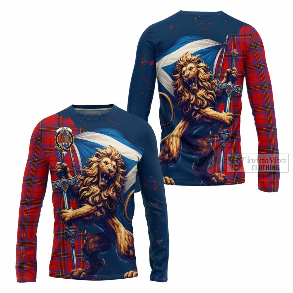 Tartan Vibes Clothing Leslie Tartan Family Crest Long Sleeve T-Shirt with Scottish Majestic Lion