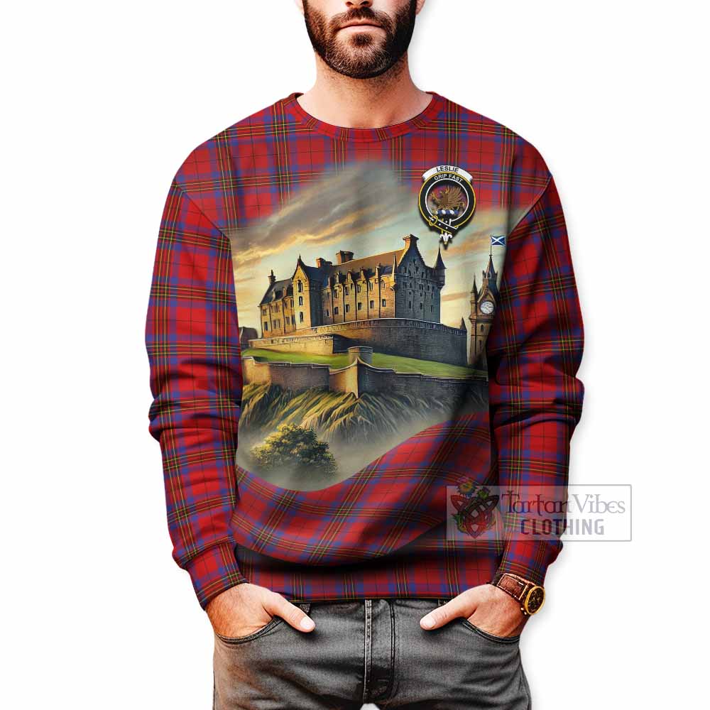 Leslie Tartan Family Crest Sweatshirt with Scottish Ancient Castle Style - Tartan Vibes Clothing