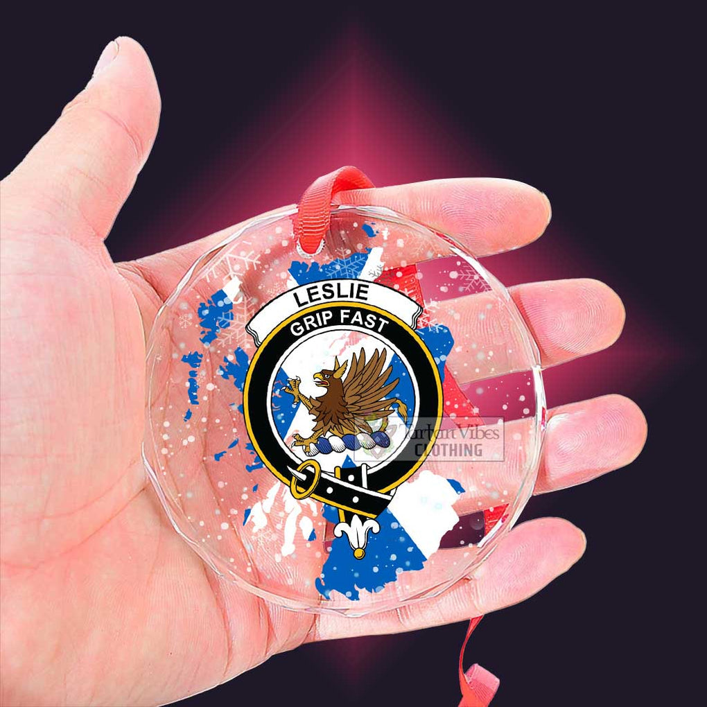 Tartan Vibes Clothing Leslie Clan Crest Christmas Glass Ornament with Scotland Map