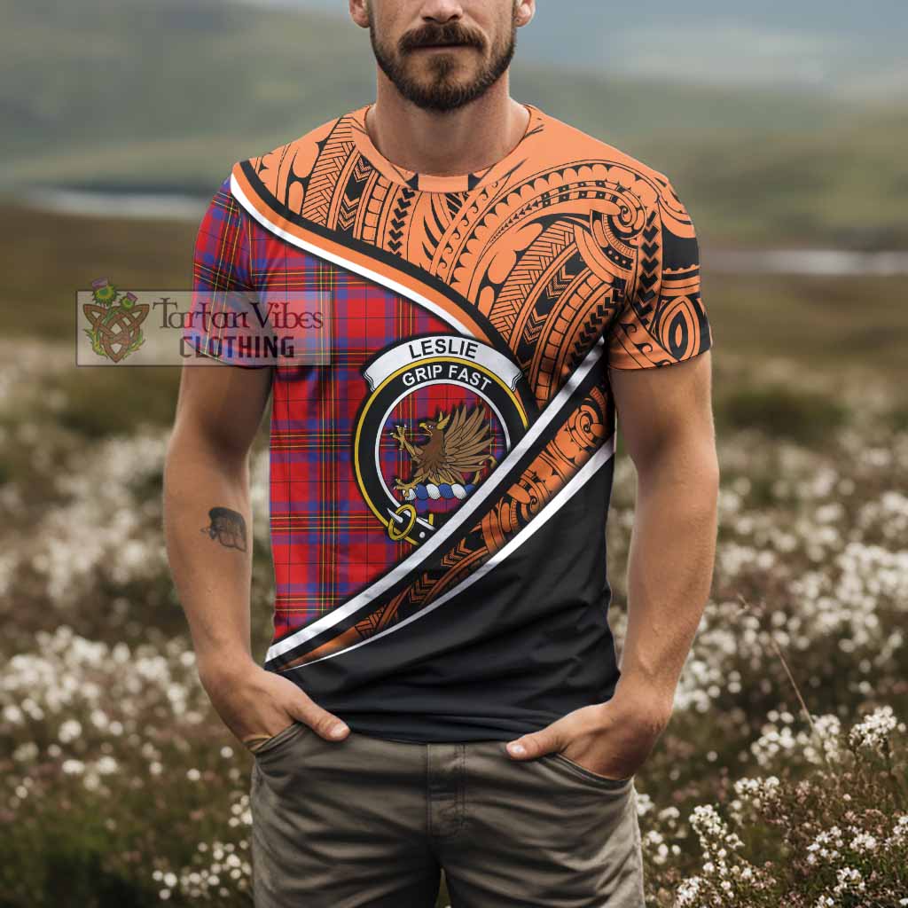 Tartan Vibes Clothing Leslie Crest Tartan T-Shirt with Maori Tattoo Style - Orange Version