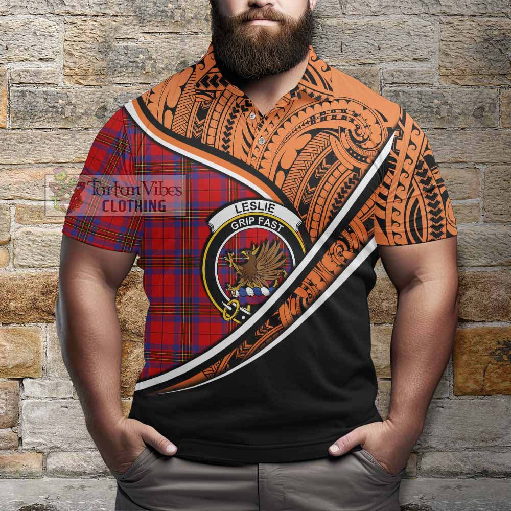 Tartan Vibes Clothing Leslie Crest Tartan Polo Shirt with Maori Tattoo Style - Orange Version