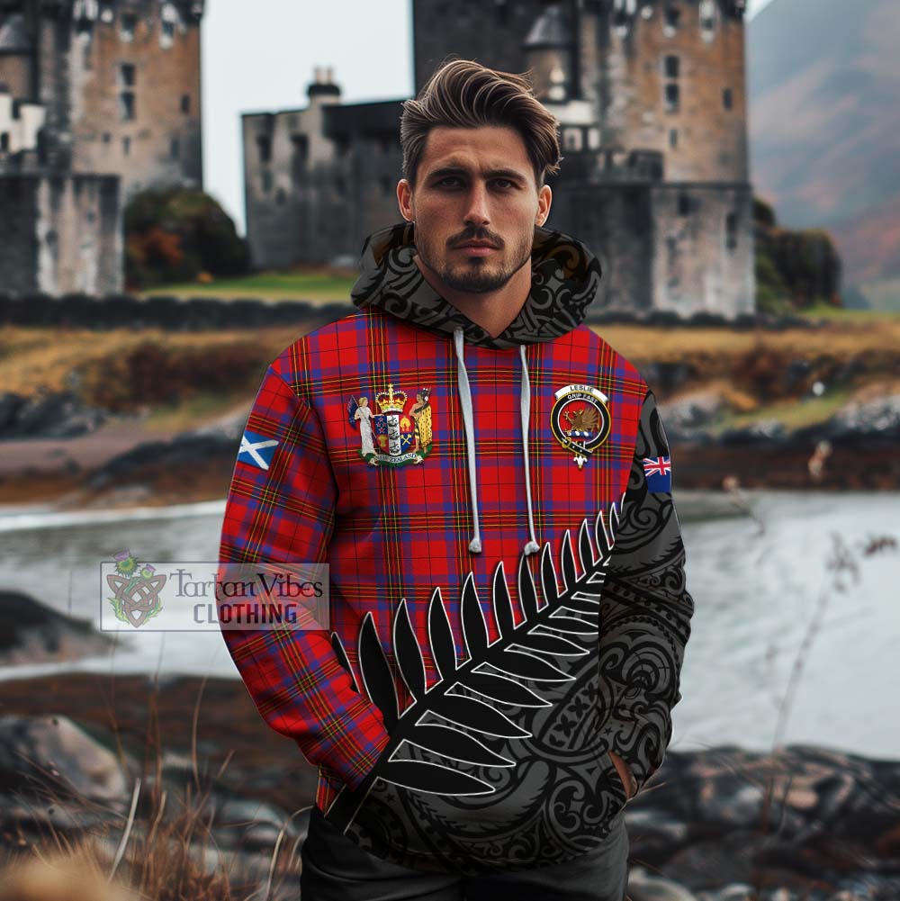 Tartan Vibes Clothing Leslie Crest Tartan Cotton Hoodie with New Zealand Silver Fern Half Style