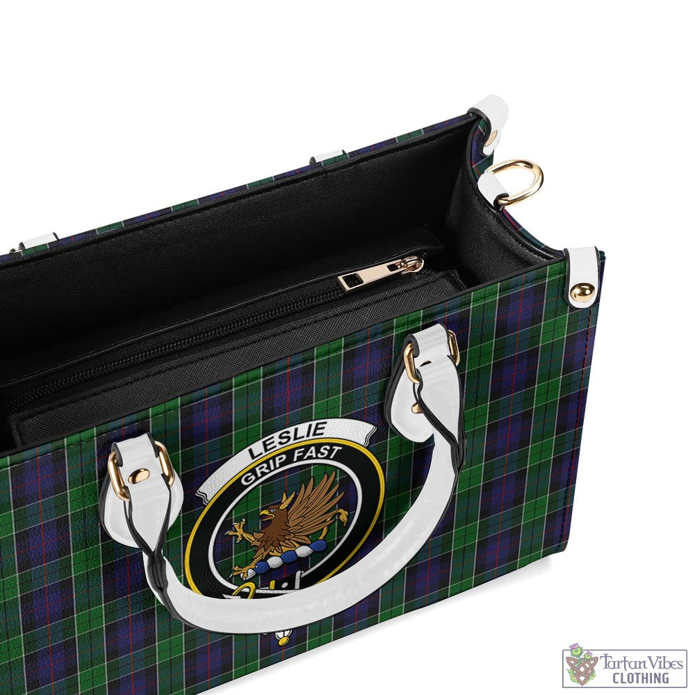 Tartan Vibes Clothing Leslie Hunting Tartan Luxury Leather Handbags with Family Crest