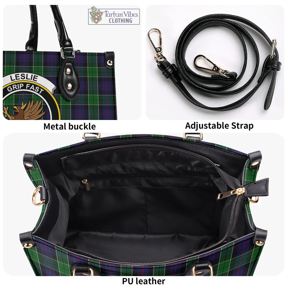 Tartan Vibes Clothing Leslie Hunting Tartan Luxury Leather Handbags with Family Crest