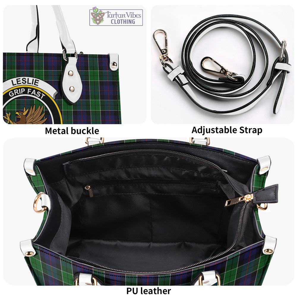 Tartan Vibes Clothing Leslie Hunting Tartan Luxury Leather Handbags with Family Crest