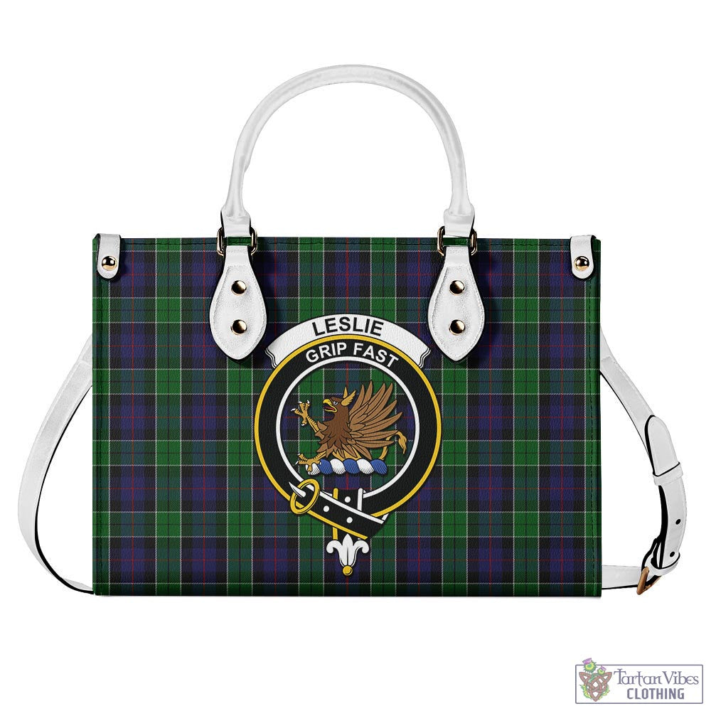 Tartan Vibes Clothing Leslie Hunting Tartan Luxury Leather Handbags with Family Crest