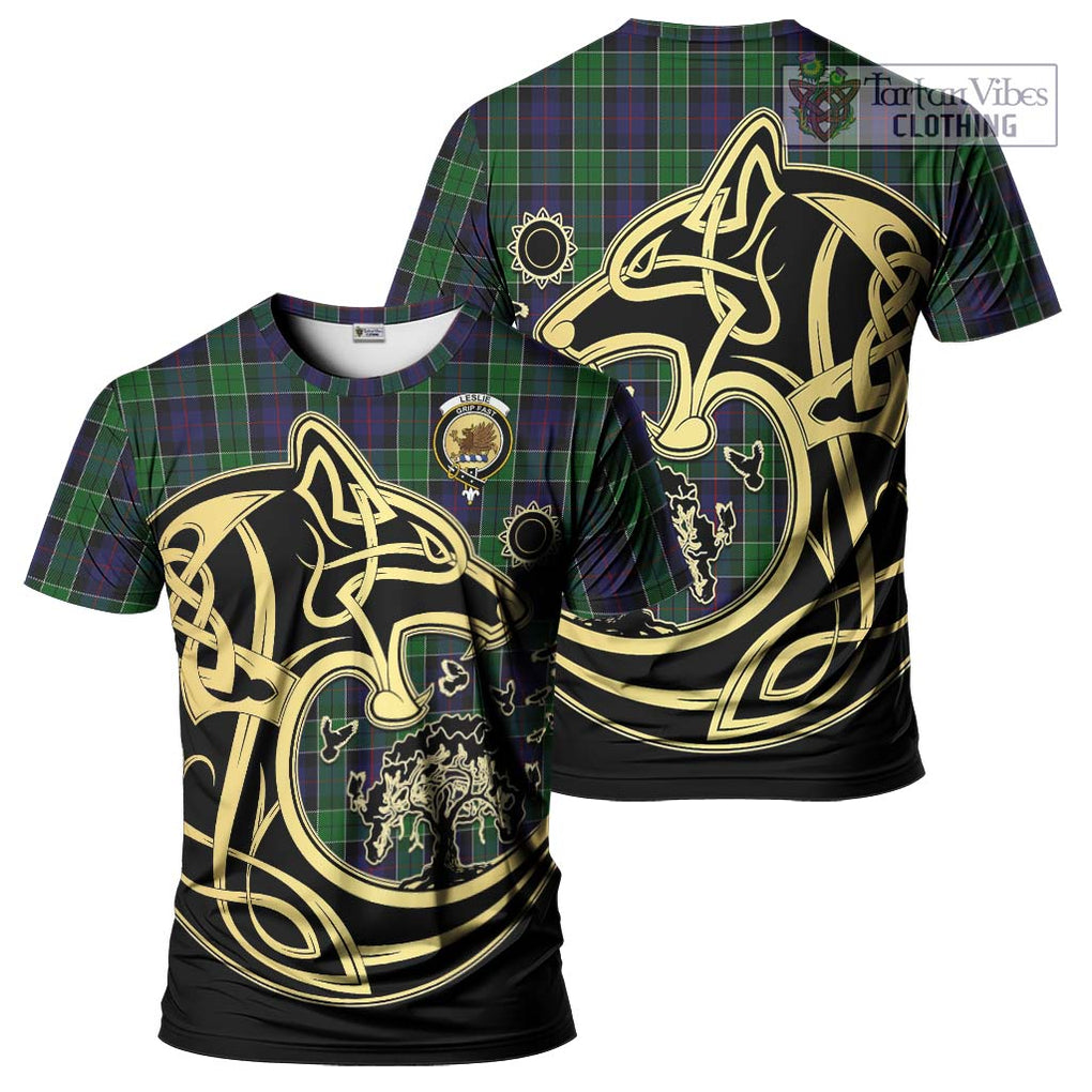 Leslie Hunting Tartan T-Shirt with Family Crest Celtic Wolf Style Kid's Shirt - Tartan Vibes Clothing