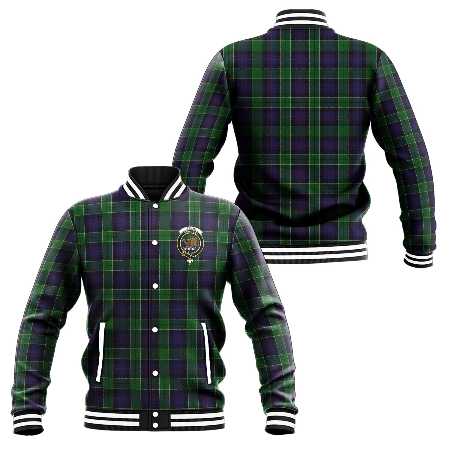 Leslie Hunting Tartan Baseball Jacket with Family Crest Unisex - Tartan Vibes Clothing