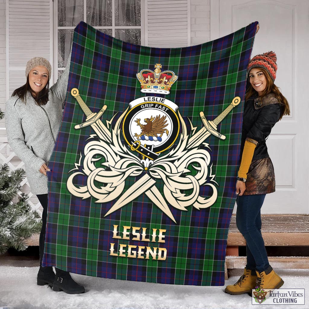 Tartan Vibes Clothing Leslie Hunting Tartan Blanket with Clan Crest and the Golden Sword of Courageous Legacy