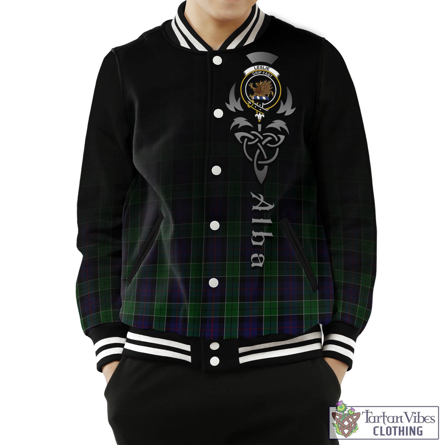 Tartan Vibes Clothing Leslie Hunting Tartan Baseball Jacket Featuring Alba Gu Brath Family Crest Celtic Inspired