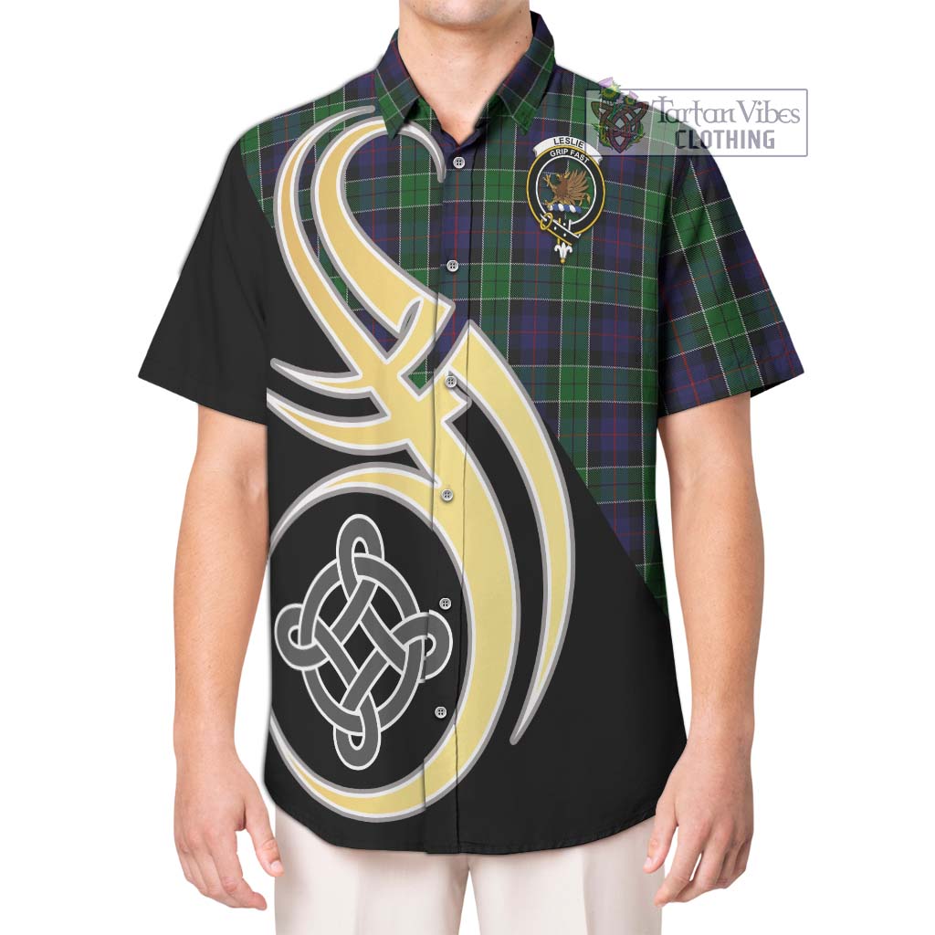 Leslie Hunting Tartan Short Sleeve Button Shirt with Family Crest and Celtic Symbol Style Kid - Tartan Vibes Clothing