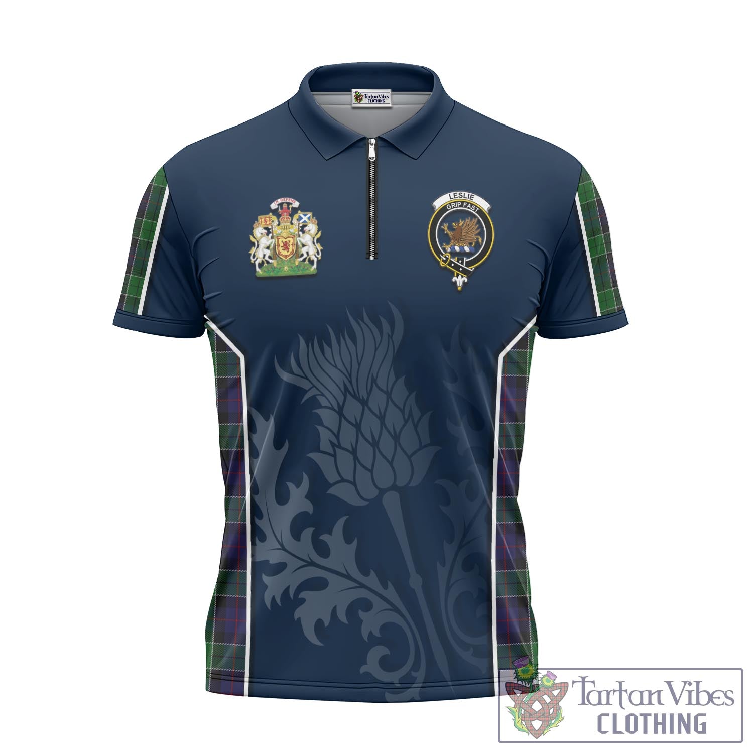 Tartan Vibes Clothing Leslie Hunting Tartan Zipper Polo Shirt with Family Crest and Scottish Thistle Vibes Sport Style