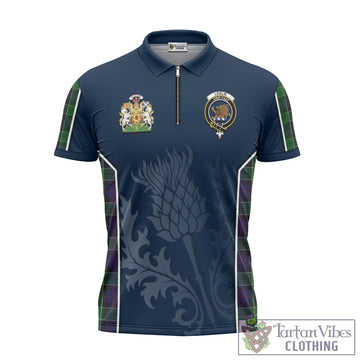 Leslie Hunting Tartan Zipper Polo Shirt with Family Crest and Scottish Thistle Vibes Sport Style