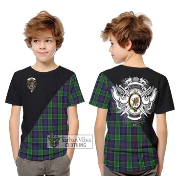 Leslie Hunting Tartan Kid T-Shirt with Family Crest and Military Logo Style