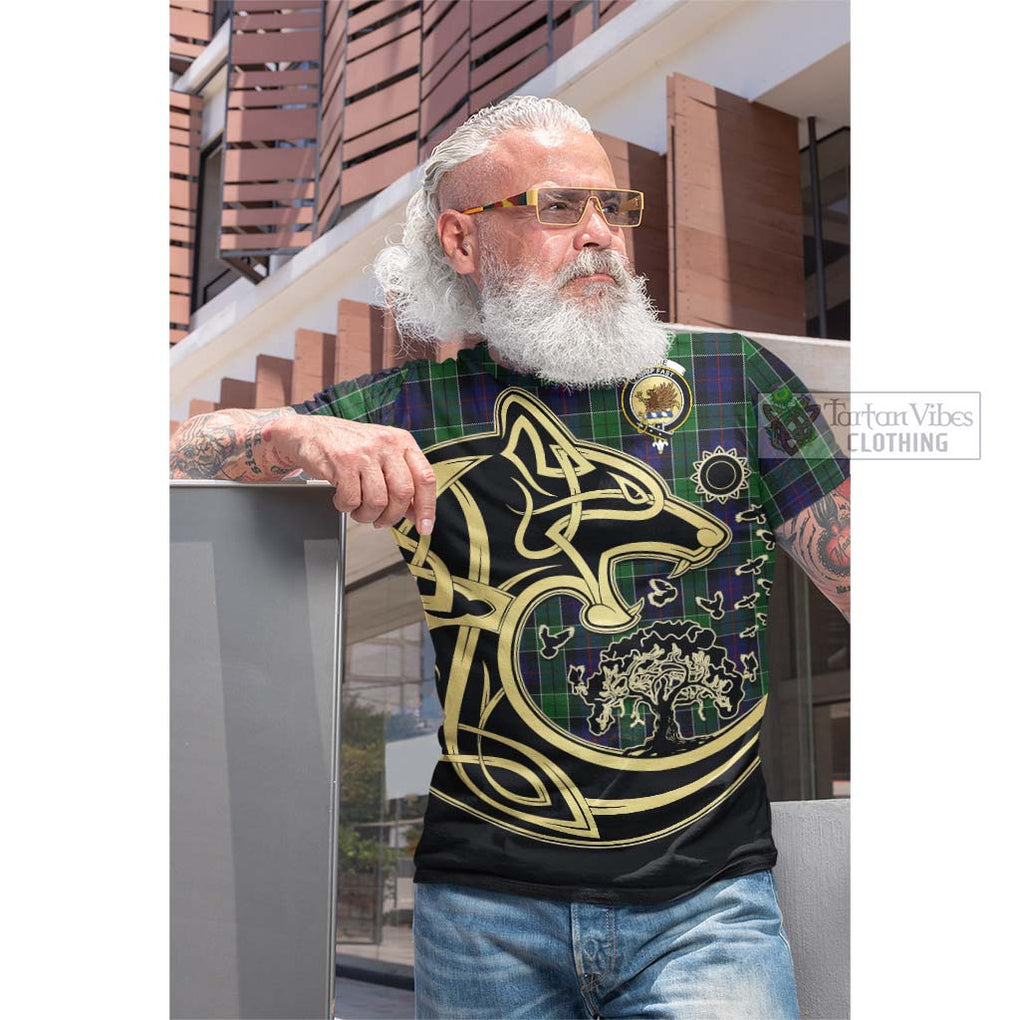 Tartan Vibes Clothing Leslie Hunting Tartan Cotton T-shirt with Family Crest Celtic Wolf Style