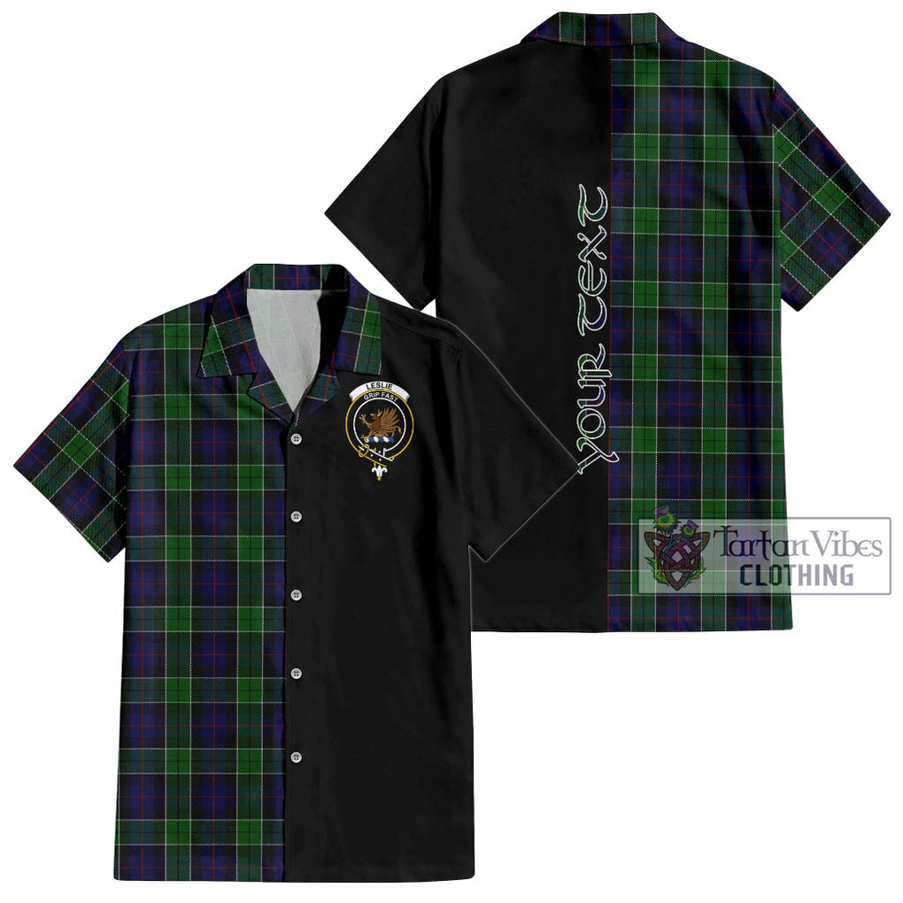 Leslie Hunting Tartan Short Sleeve Button Shirt with Family Crest and Half Of Me Style Kid - Tartanvibesclothing Shop