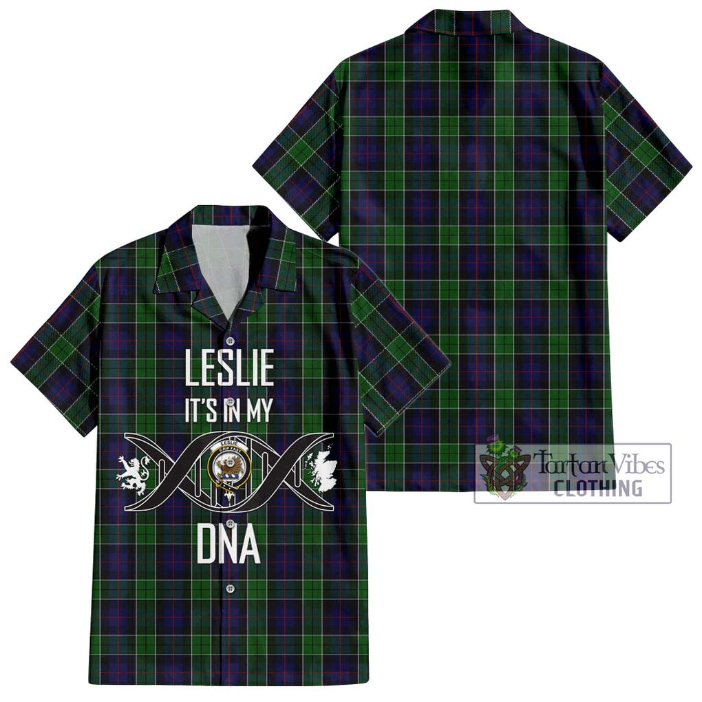 Leslie Hunting Tartan Short Sleeve Button Shirt with Family Crest DNA In Me Style Kid - Tartanvibesclothing Shop