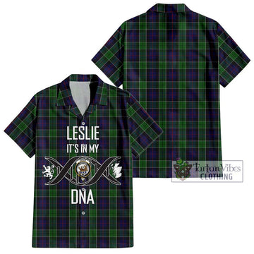 Leslie Hunting Tartan Short Sleeve Button Shirt with Family Crest DNA In Me Style