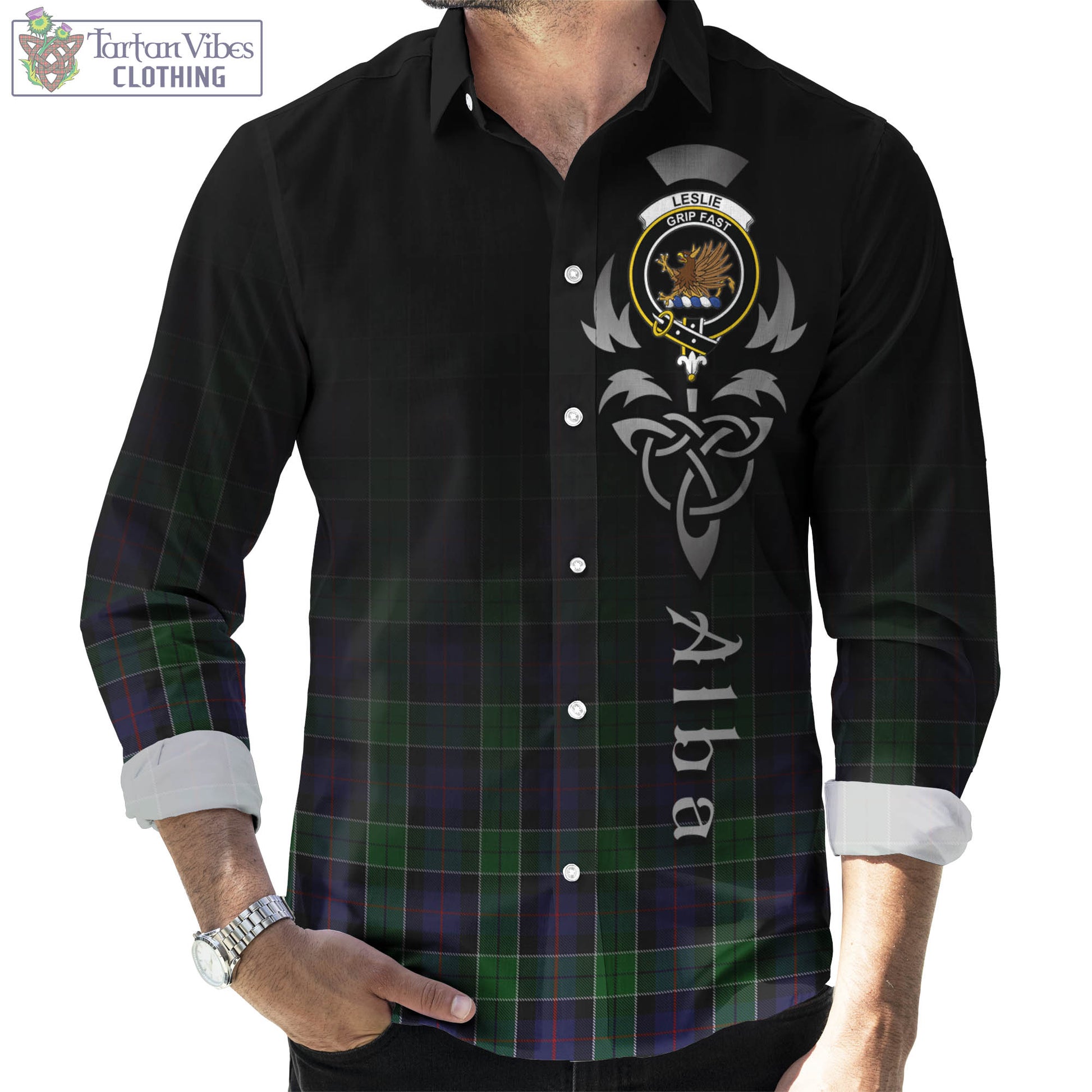 Tartan Vibes Clothing Leslie Hunting Tartan Long Sleeve Button Up Featuring Alba Gu Brath Family Crest Celtic Inspired