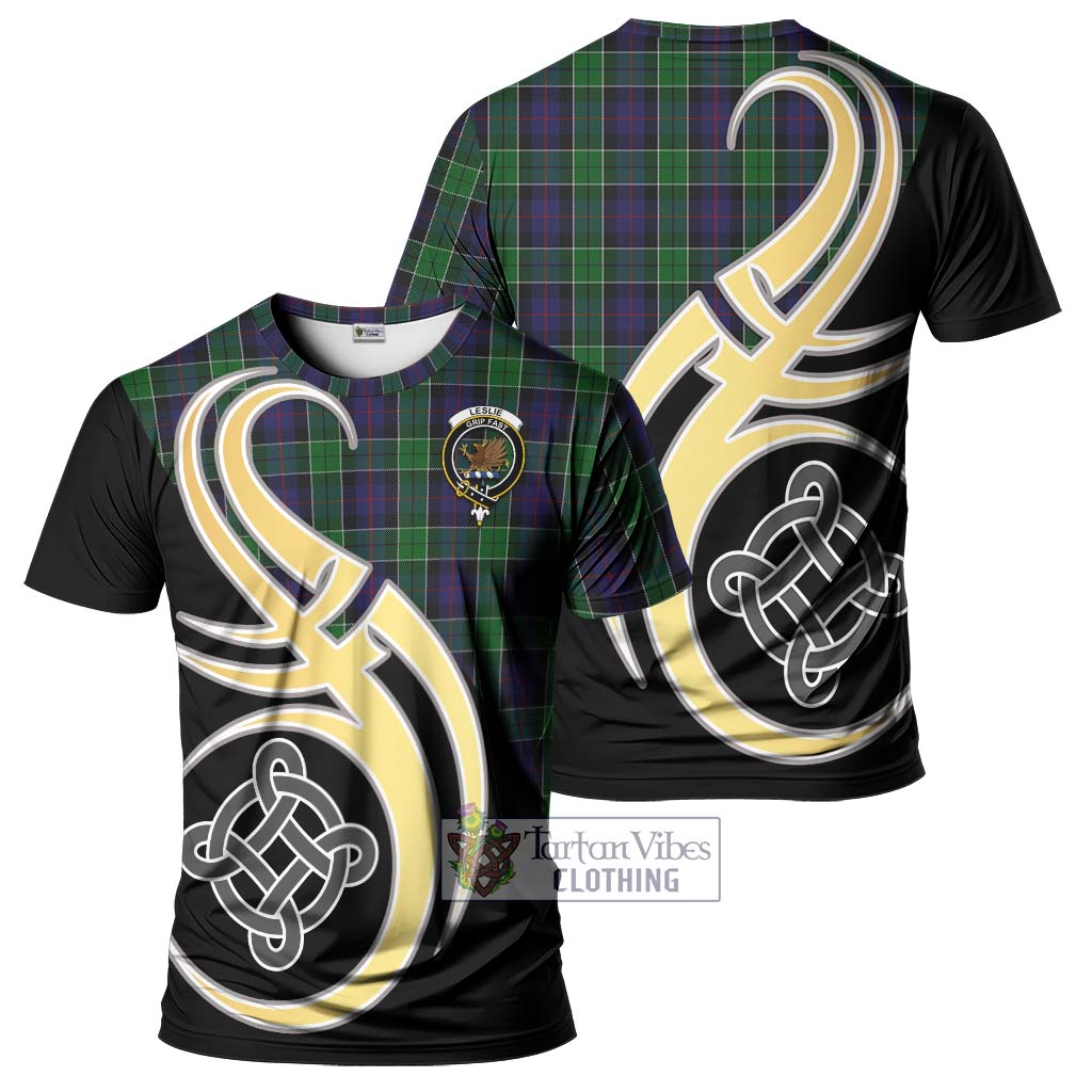 Tartan Vibes Clothing Leslie Hunting Tartan T-Shirt with Family Crest and Celtic Symbol Style