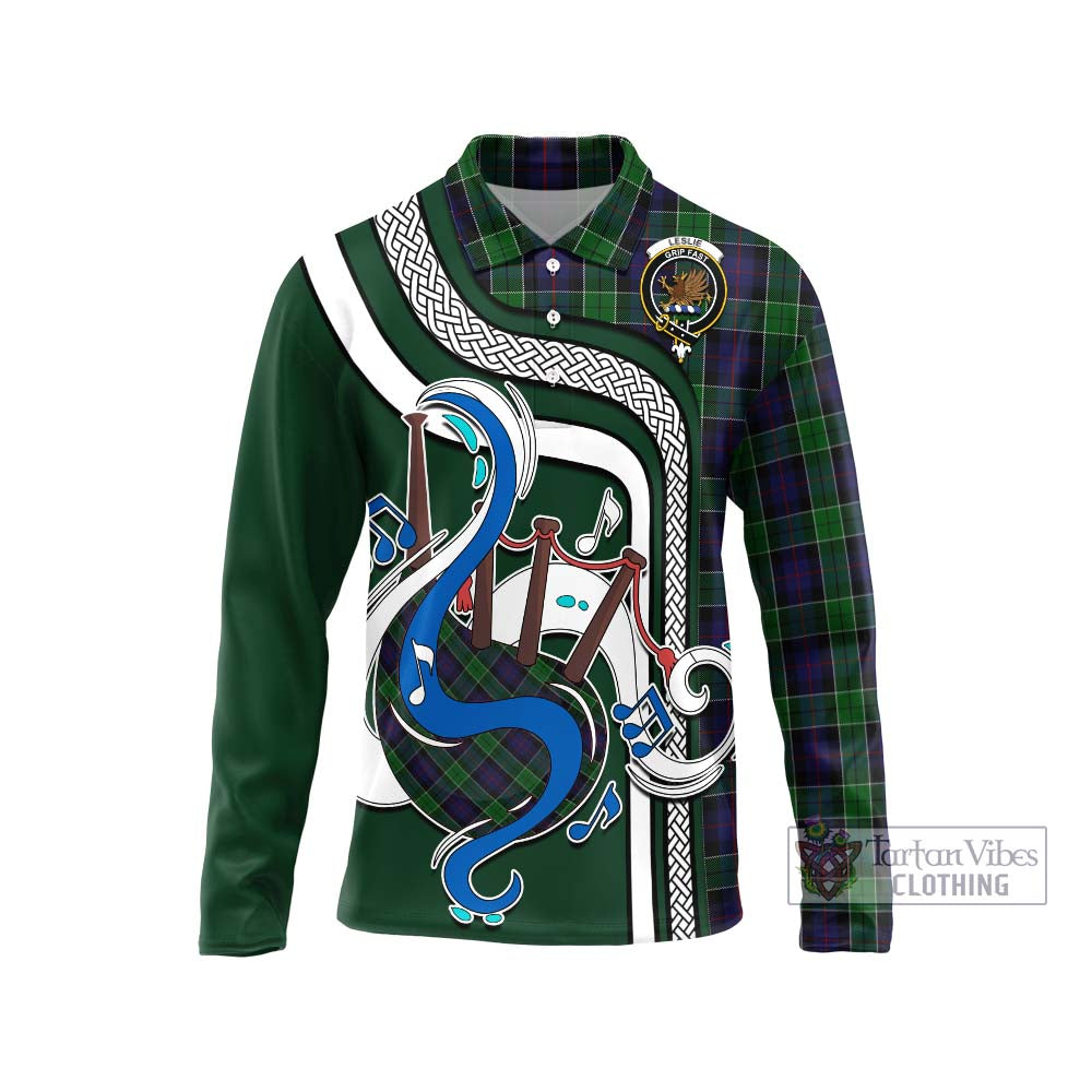 Tartan Vibes Clothing Leslie Hunting Tartan Long Sleeve Polo Shirt with Epic Bagpipe Style