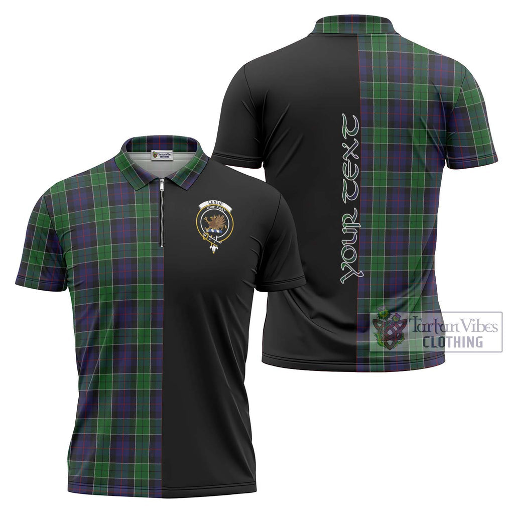 Leslie Hunting Tartan Zipper Polo Shirt with Family Crest and Half Of Me Style Unisex - Tartanvibesclothing Shop