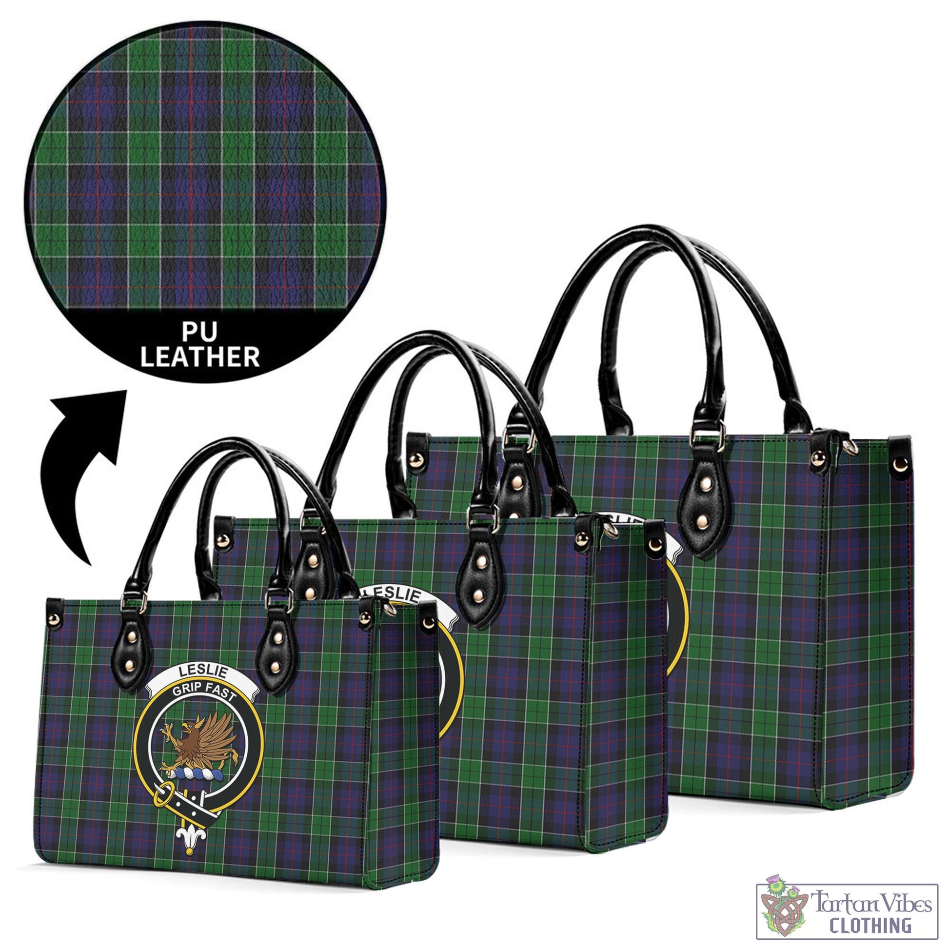 Tartan Vibes Clothing Leslie Hunting Tartan Luxury Leather Handbags with Family Crest