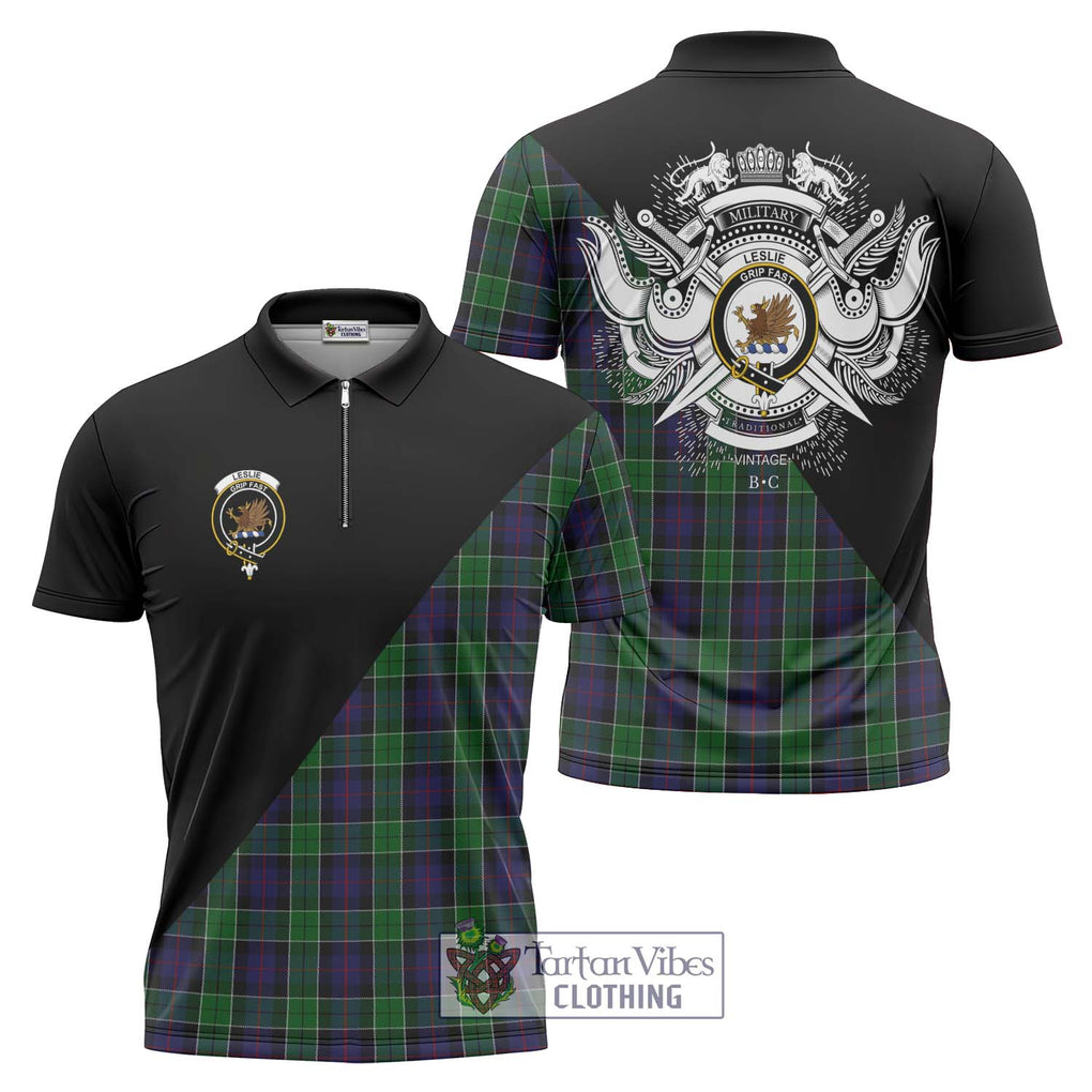 Leslie Hunting Tartan Zipper Polo Shirt with Family Crest and Military Logo Style Unisex - Tartanvibesclothing Shop