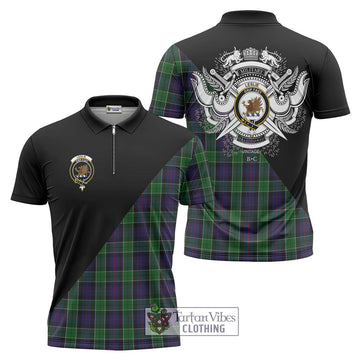 Leslie Hunting Tartan Zipper Polo Shirt with Family Crest and Military Logo Style