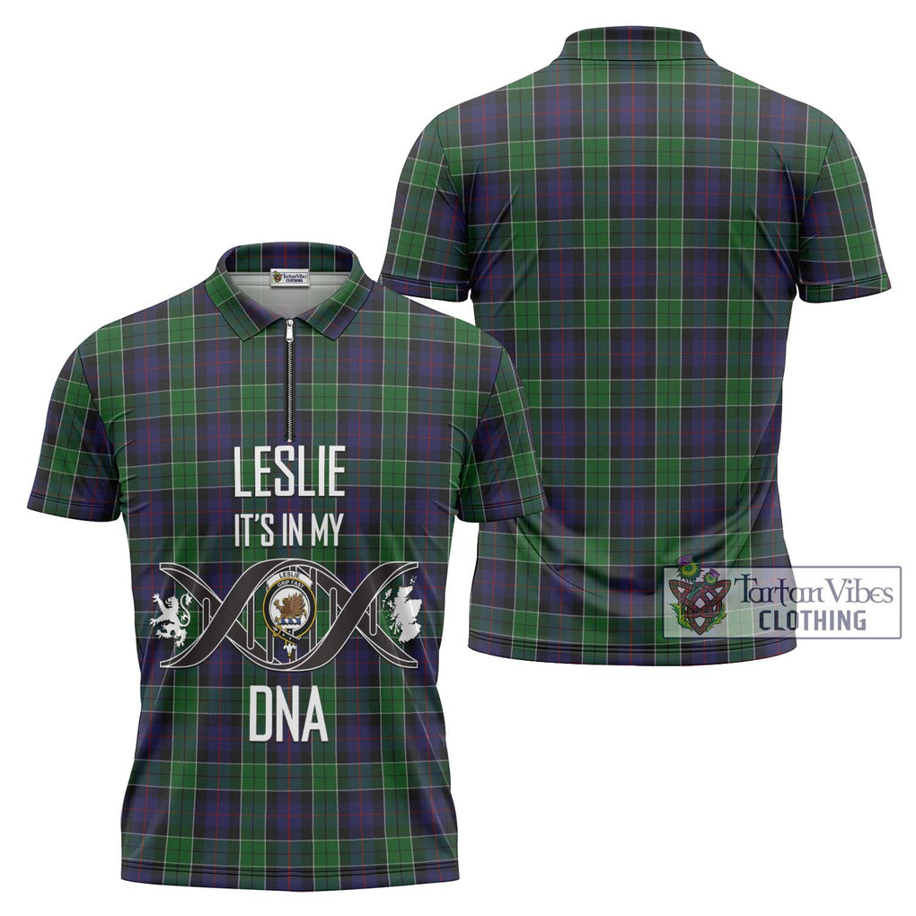 Leslie Hunting Tartan Zipper Polo Shirt with Family Crest DNA In Me Style Unisex - Tartanvibesclothing Shop