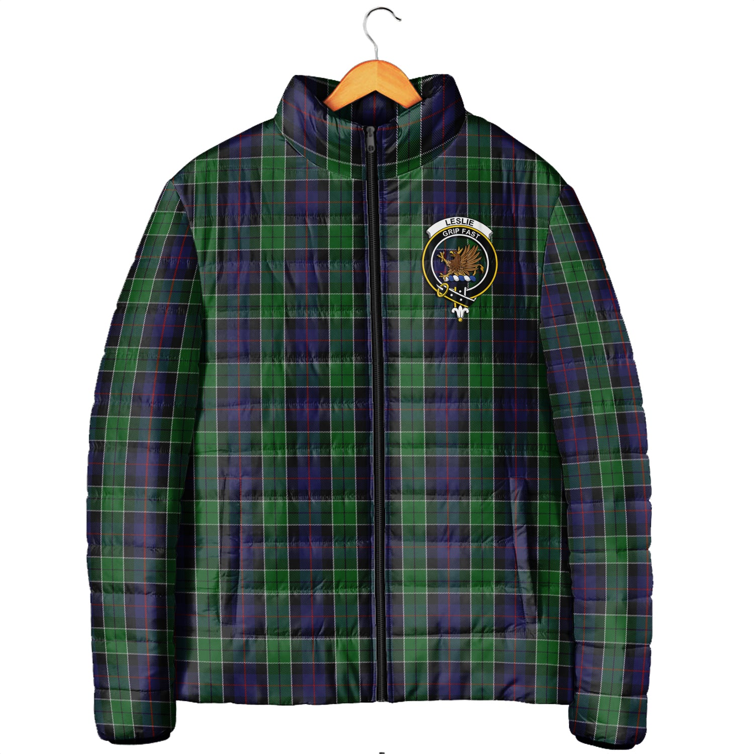 Leslie Hunting Tartan Padded Jacket with Family Crest Men's Padded Jacket - Tartan Vibes Clothing