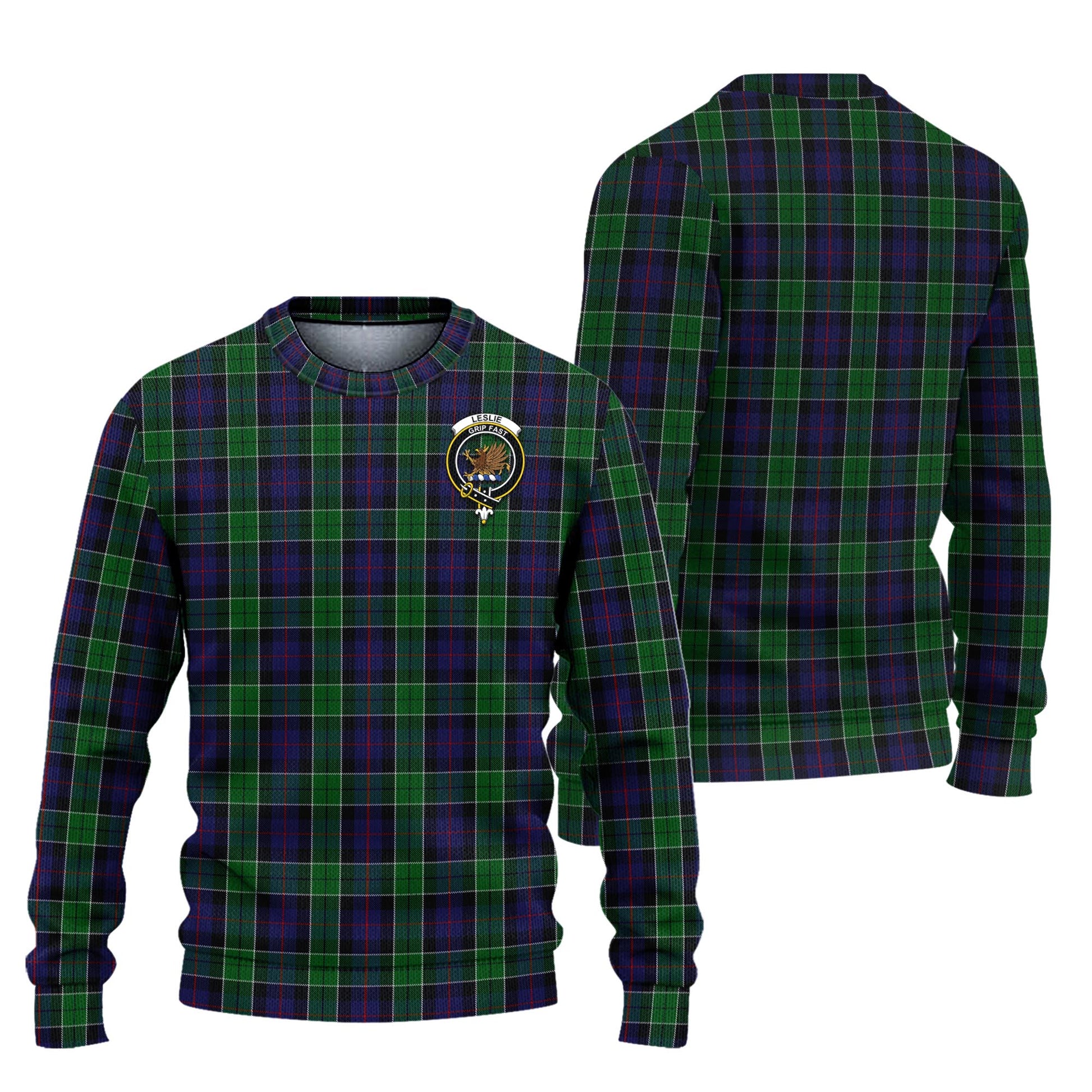 Leslie Hunting Tartan Knitted Sweater with Family Crest Unisex - Tartanvibesclothing