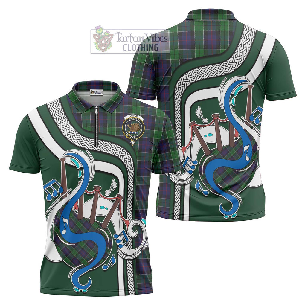 Leslie Hunting Tartan Zipper Polo Shirt with Epic Bagpipe Style Unisex - Tartanvibesclothing Shop