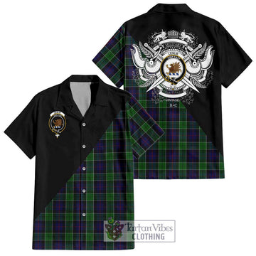 Leslie Hunting Tartan Short Sleeve Button Shirt with Family Crest and Military Logo Style