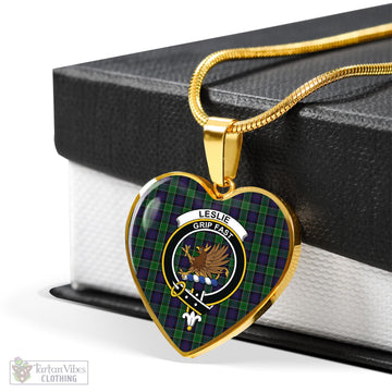 Leslie Hunting Tartan Heart Necklace with Family Crest