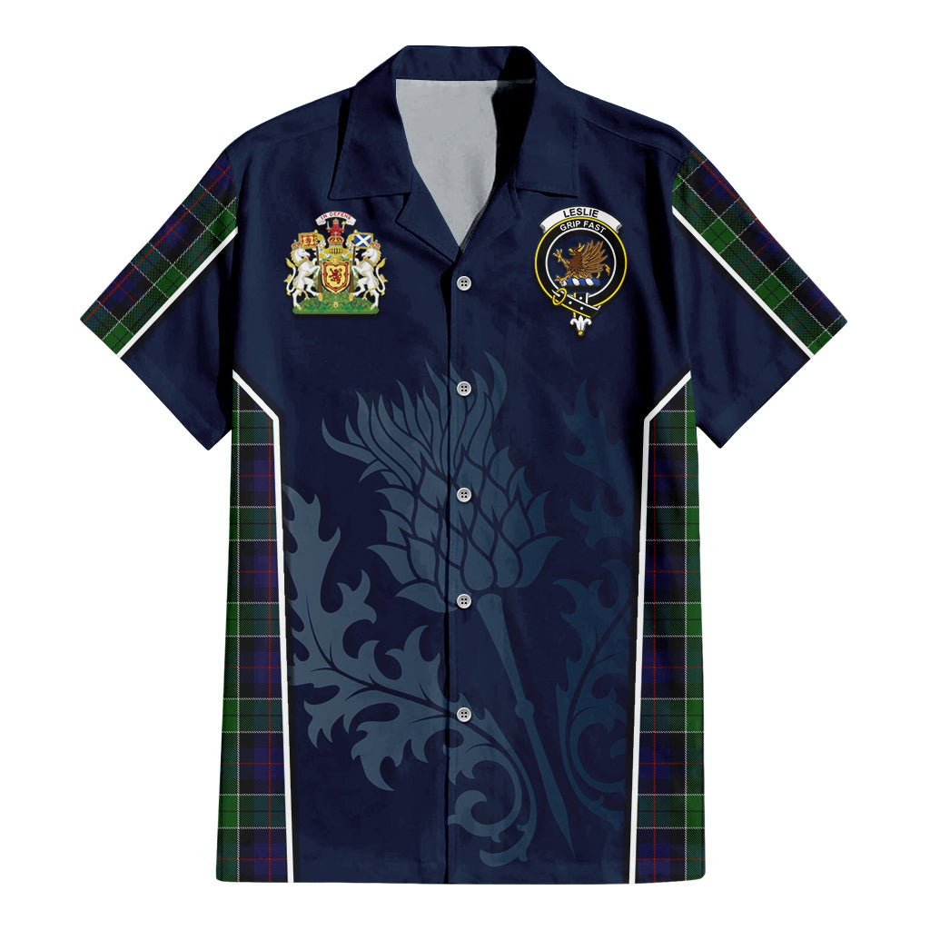 Tartan Vibes Clothing Leslie Hunting Tartan Short Sleeve Button Up Shirt with Family Crest and Scottish Thistle Vibes Sport Style