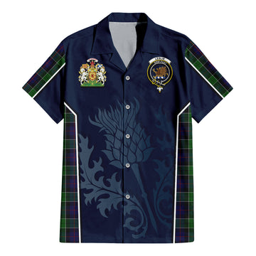 Leslie Hunting Tartan Short Sleeve Button Up Shirt with Family Crest and Scottish Thistle Vibes Sport Style