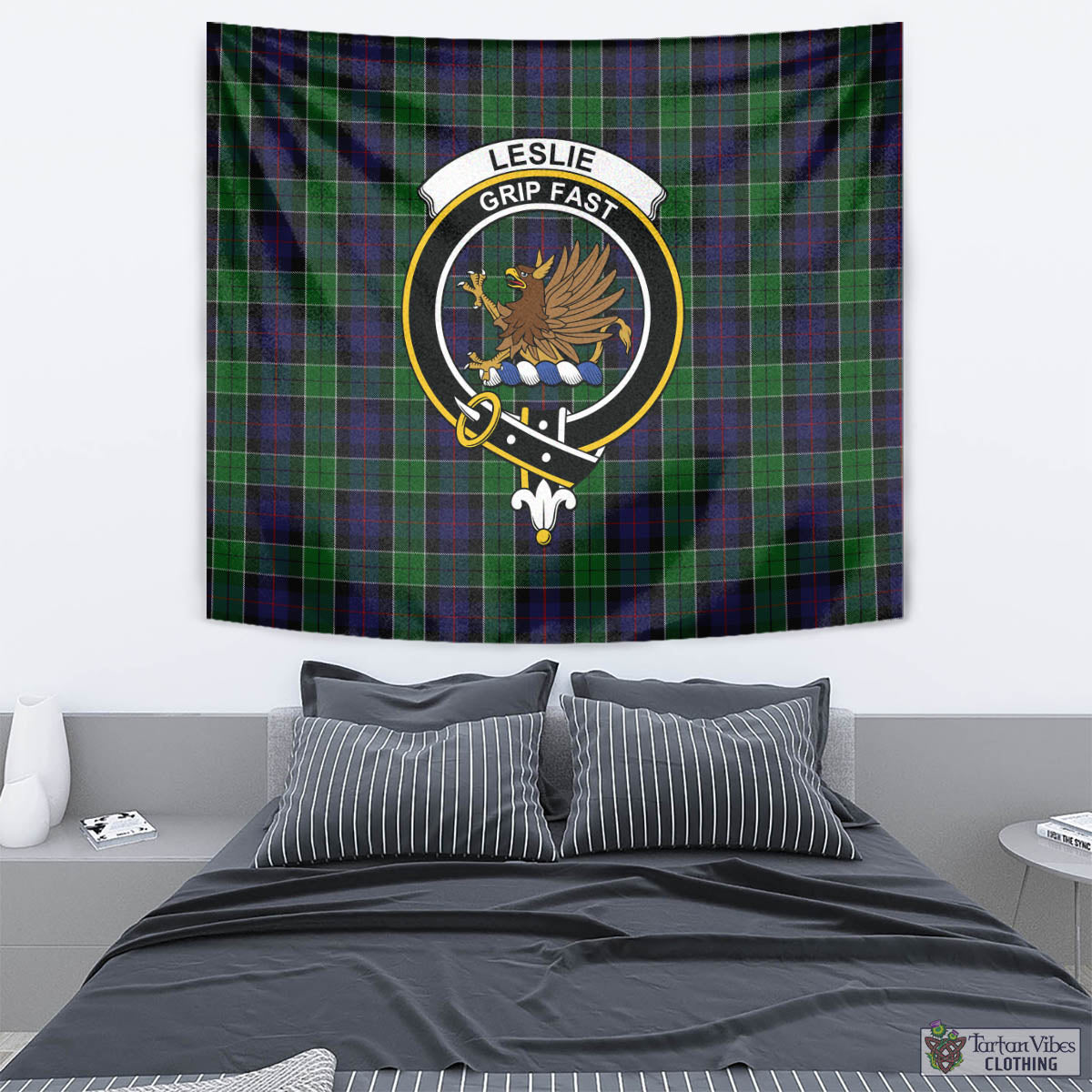 Tartan Vibes Clothing Leslie Hunting Tartan Tapestry Wall Hanging and Home Decor for Room with Family Crest